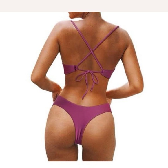 Plunge Scoop Neck High-Leg Bikini Set - Magenta sexy cute flattering - Picture 3 of 5